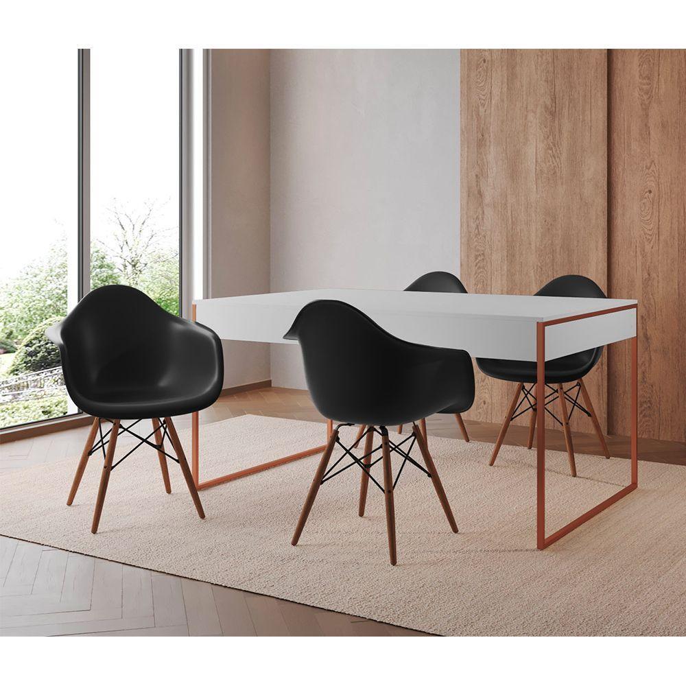 Mesa Jantar Industrial Branca 137X90Cm Base Cobre Com 4 Poltronas Pretas Mad Cor: Branco - 1