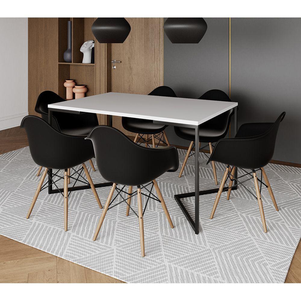 Mesa Jantar Industrial Branca Retangular 137X90Cm Base V Ferro Preto Com 6 Poltronas Pr Cor: Branco - 1