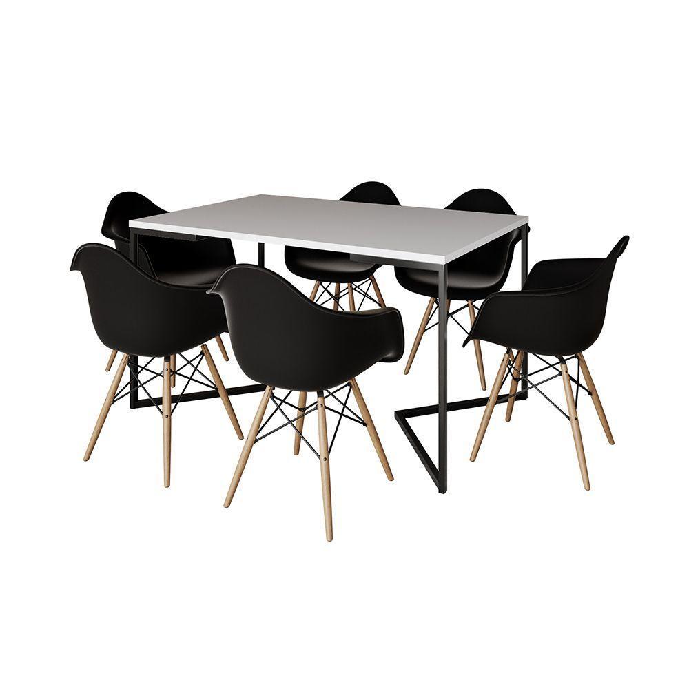 Mesa Jantar Industrial Branca Retangular 137X90Cm Base V Ferro Preto Com 6 Poltronas Pr Cor: Branco - 6