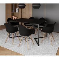 Mesa Jantar Industrial Preta Retangular 137X90Cm Base V Ferro Preto Com 6 Poltronas Pre Cor: Preto - 1
