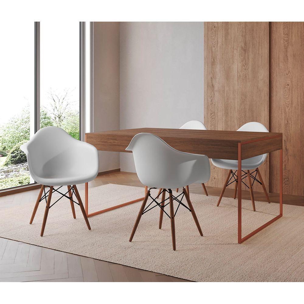 Mesa Jantar Industrial Amêndoa 137X90Cm Base Cobre Com 4 Poltronas Brancas M Cor: Amendoa - 1