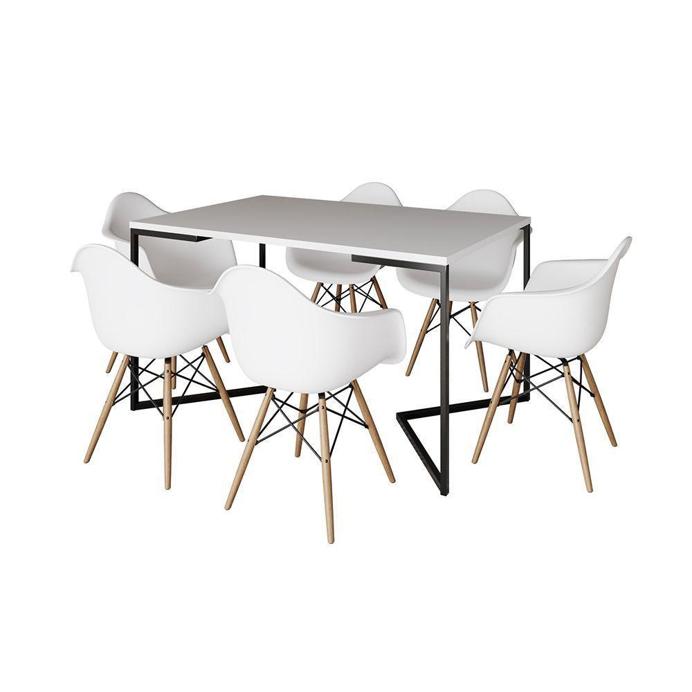 Mesa Jantar Industrial Branca Retangular 137X90Cm Base V Ferro Preto Com 6 Poltronas Br Cor: Branco - 6