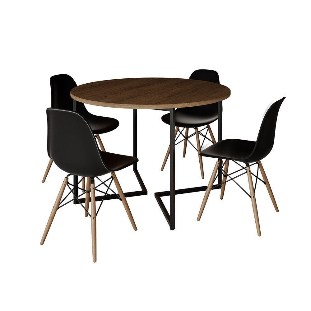 Mesa Jantar Industrial Redonda 110Cm Amêndoa Base V Ferro Preto C/4 Cadeiras Preta Base Made Amendoa - 6