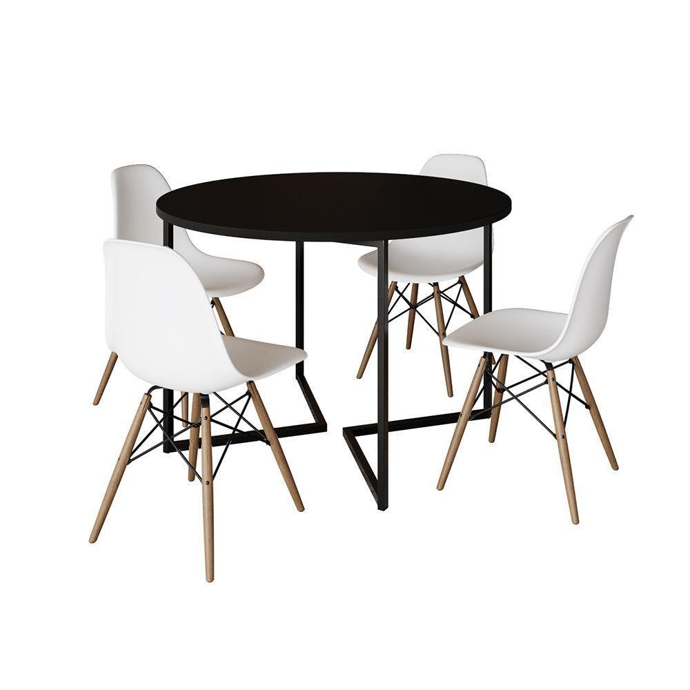 Mesa Jantar Industrial Redonda 110Cm Preta Base V Ferro Preto C/4 Cadeiras Branca Base Madei Preto - 6