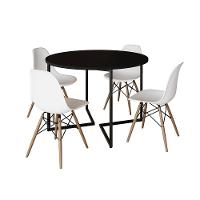 Mesa Jantar Industrial Redonda 110Cm Preta Base V Ferro Preto C/4 Cadeiras Branca Base Madei Preto - 11