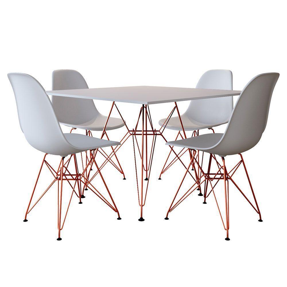 Jogo De Mesa Eames De Ferro Cobre E Tampo Quadrado Branco 90Cm - 4 Cadeiras Brancas - 1