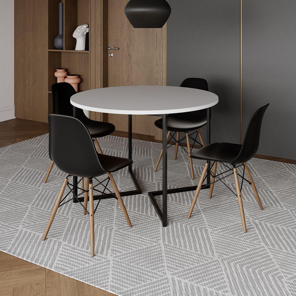 Mesa Jantar Industrial Redonda 110Cm Branca Base V Ferro Preto C/4 Cadeiras Preta Base Madei Branco - 1