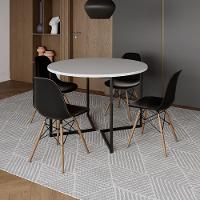 Mesa Jantar Industrial Redonda 110Cm Branca Base V Ferro Preto C/4 Cadeiras Preta Base Madei Branco - 1