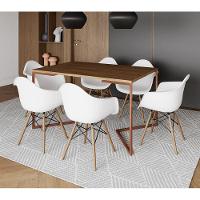 Mesa Industrial Retangular Jantar 137X90Cm Amêndoa Base Cobre V Com 6 Poltronas Brancas Cor: Amendoa - 1