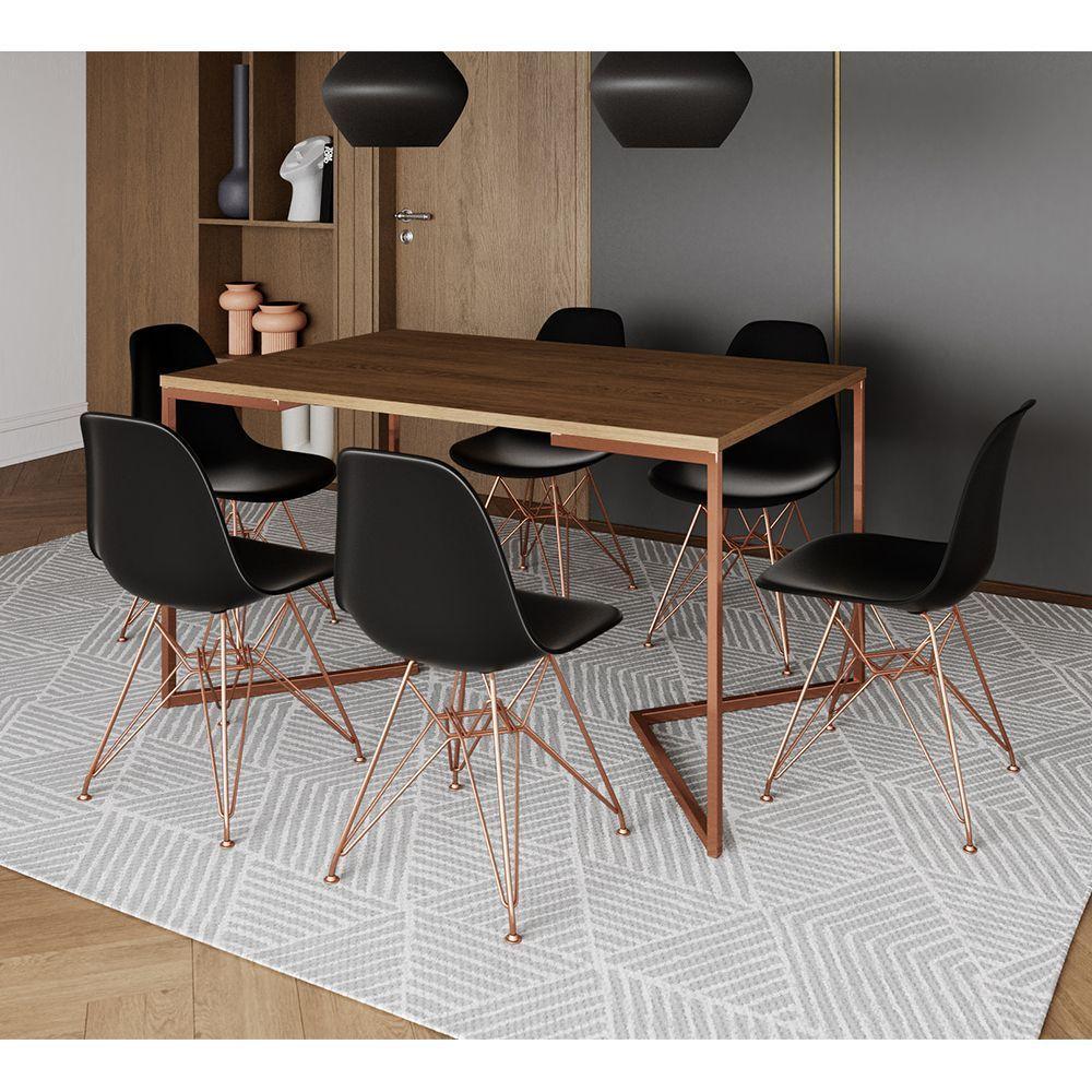 Mesa Jantar Industrial Retangular 137X90Cm Amêndoa Base V C/6 Cadeiras Pretas Base Co Cor: Amendoa - 1