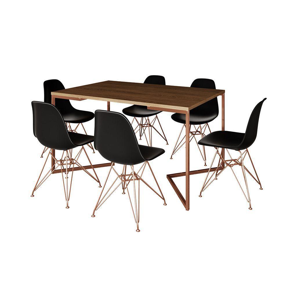 Mesa Jantar Industrial Retangular 137X90Cm Amêndoa Base V C/6 Cadeiras Pretas Base Co Cor: Amendoa - 6