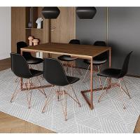 Mesa Jantar Industrial Retangular 137X90Cm Amêndoa Base V C/6 Cadeiras Pretas Base Co Cor: Amendoa - 1