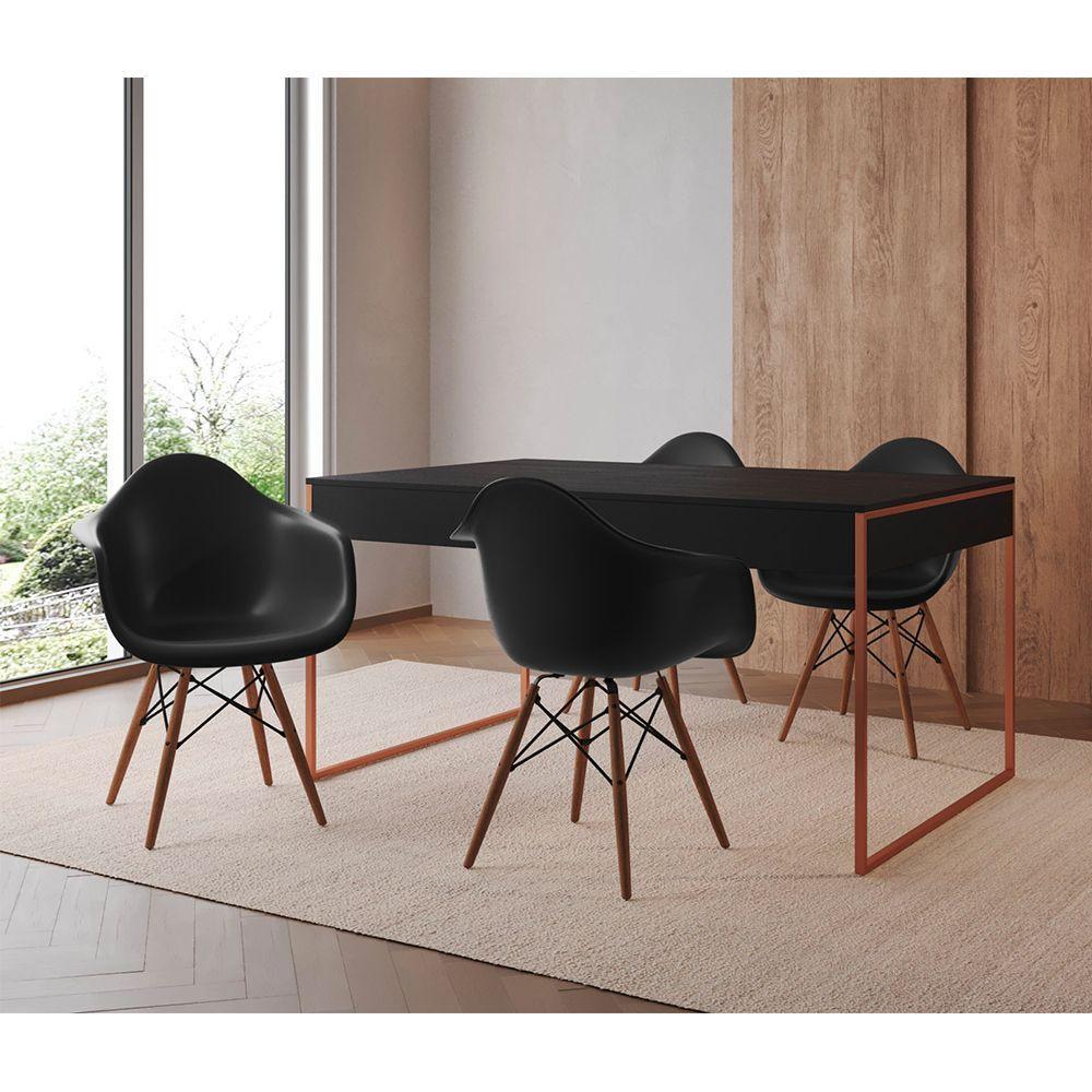 Mesa Jantar Industrial Preta 137X90Cm Base Cobre Com 4 Poltronas Pretas Made Cor: Preto - 1