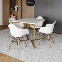 Mesa Jantar Industrial Quadrada 90Cm Branca Base V Dourada Com 4 Poltronas Daw Madeira Cor: Branco - 1