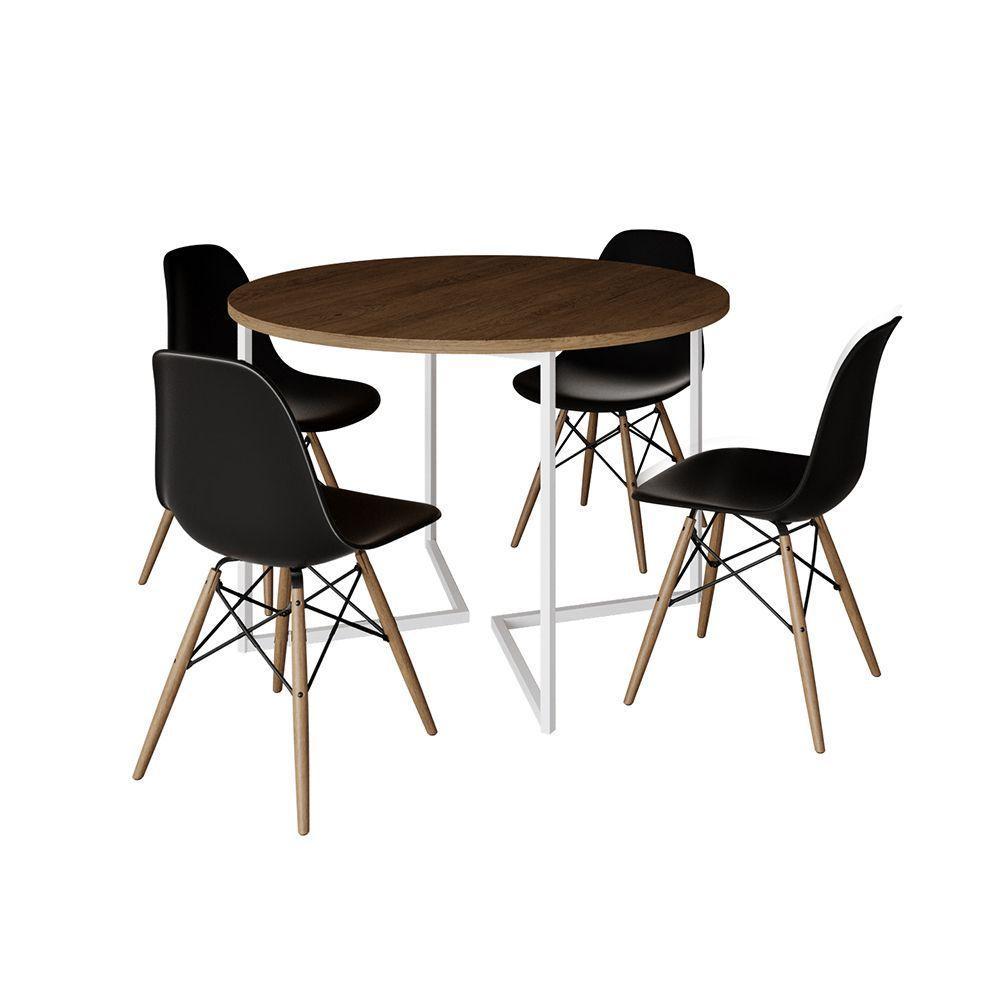 Mesa Jantar Industrial Redonda 110Cm Amêndoa Base V Ferro Branco C/4 Cadeiras Preta Base Mad Amendoa - 6