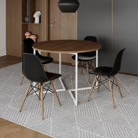Mesa Jantar Industrial Redonda 110Cm Amêndoa Base V Ferro Branco C/4 Cadeiras Preta Base Mad Amendoa - 1