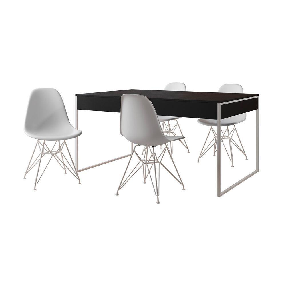 Mesa Jantar Industrial Retangular Preta 137X90Cm Com 4 Cadeiras Brancas Base Ferro Cor: Preto - 6