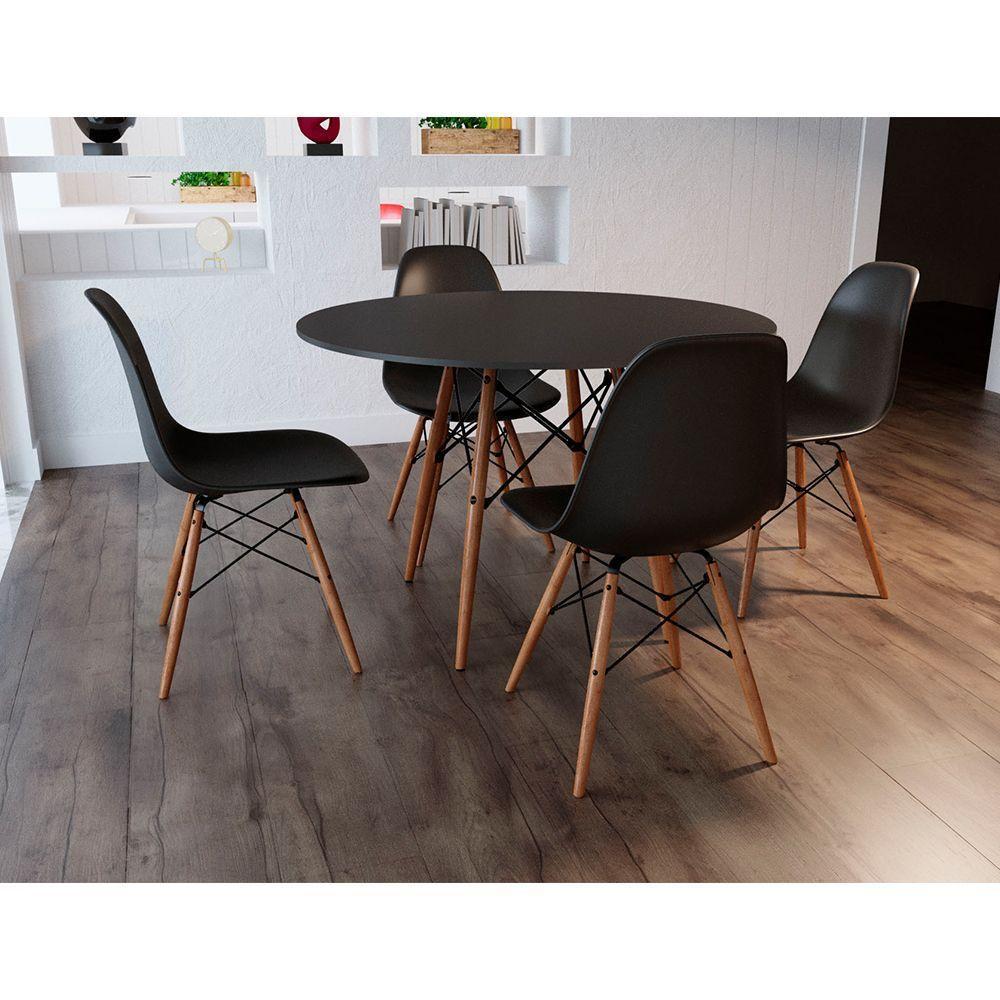 Jogo De Mesa 4 Cadeiras Pretas Eames Dkr 110 Cm Base Madeira Tampo Preto - 1