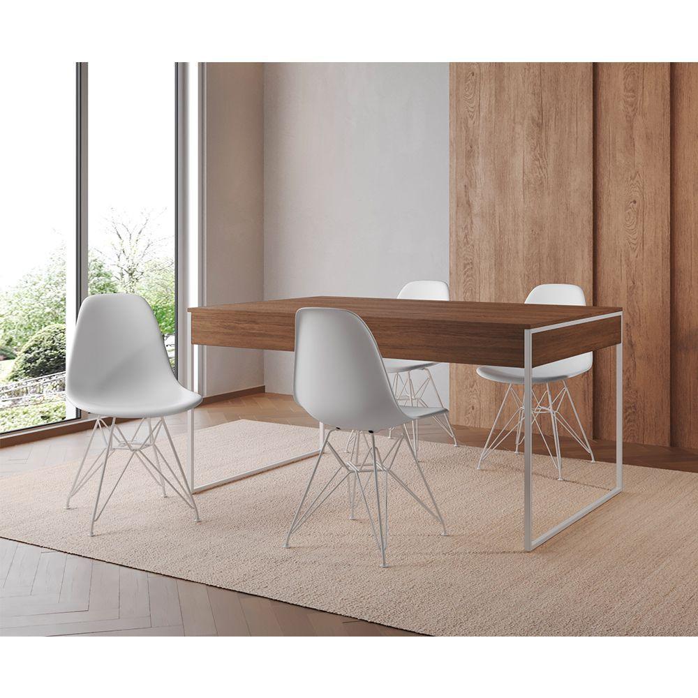 Mesa Jantar Industrial Retangular Amêndoa 137X90Cm Com 4 Cadeiras Brancas Base Ferr Cor: Amendoa - 1