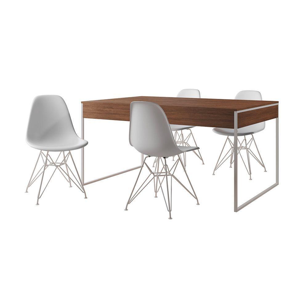 Mesa Jantar Industrial Retangular Amêndoa 137X90Cm Com 4 Cadeiras Brancas Base Ferr Cor: Amendoa - 6