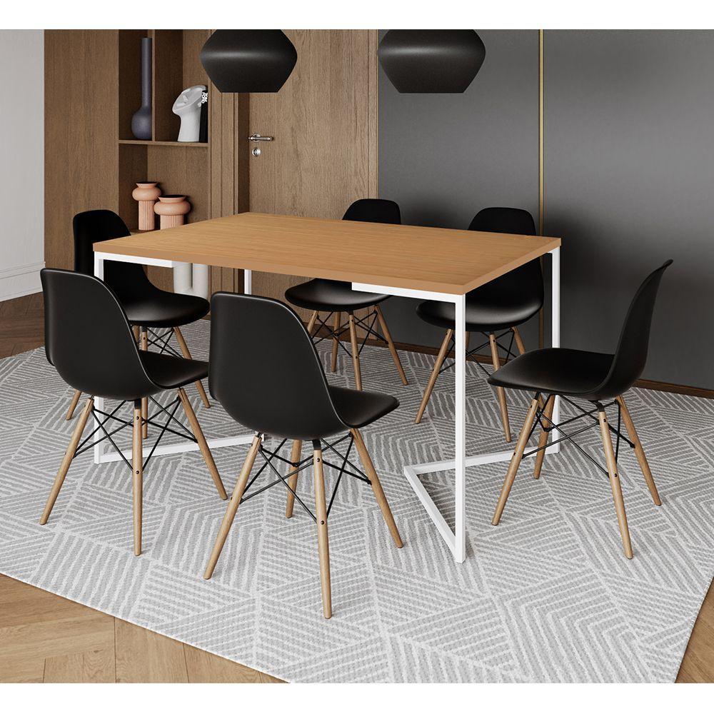 Mesa Jantar Industrial Retangular Canela 137X90Cm Base V Ferro Branco C/6 Cadeiras Preta Mad Canela - 1