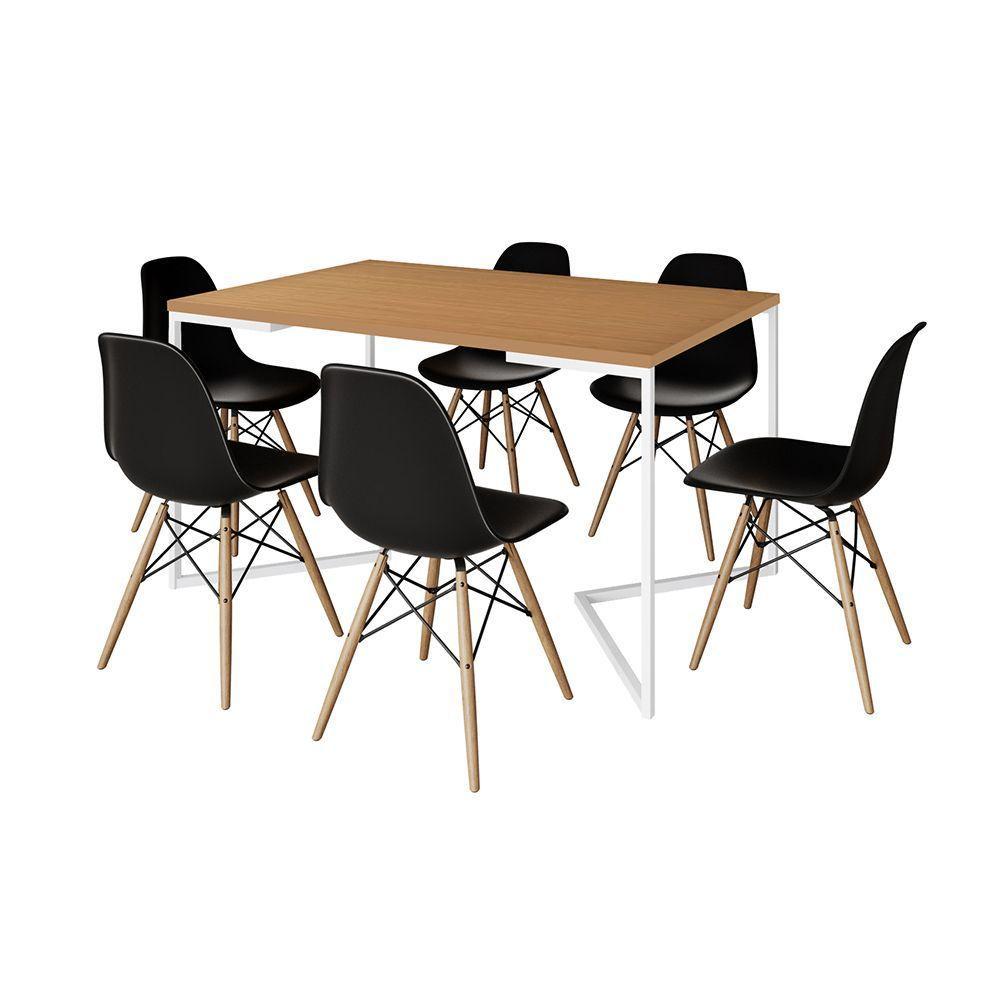 Mesa Jantar Industrial Retangular Canela 137X90Cm Base V Ferro Branco C/6 Cadeiras Preta Mad Canela - 6