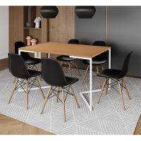 Mesa Jantar Industrial Retangular Canela 137X90Cm Base V Ferro Branco C/6 Cadeiras Preta Mad Canela - 1