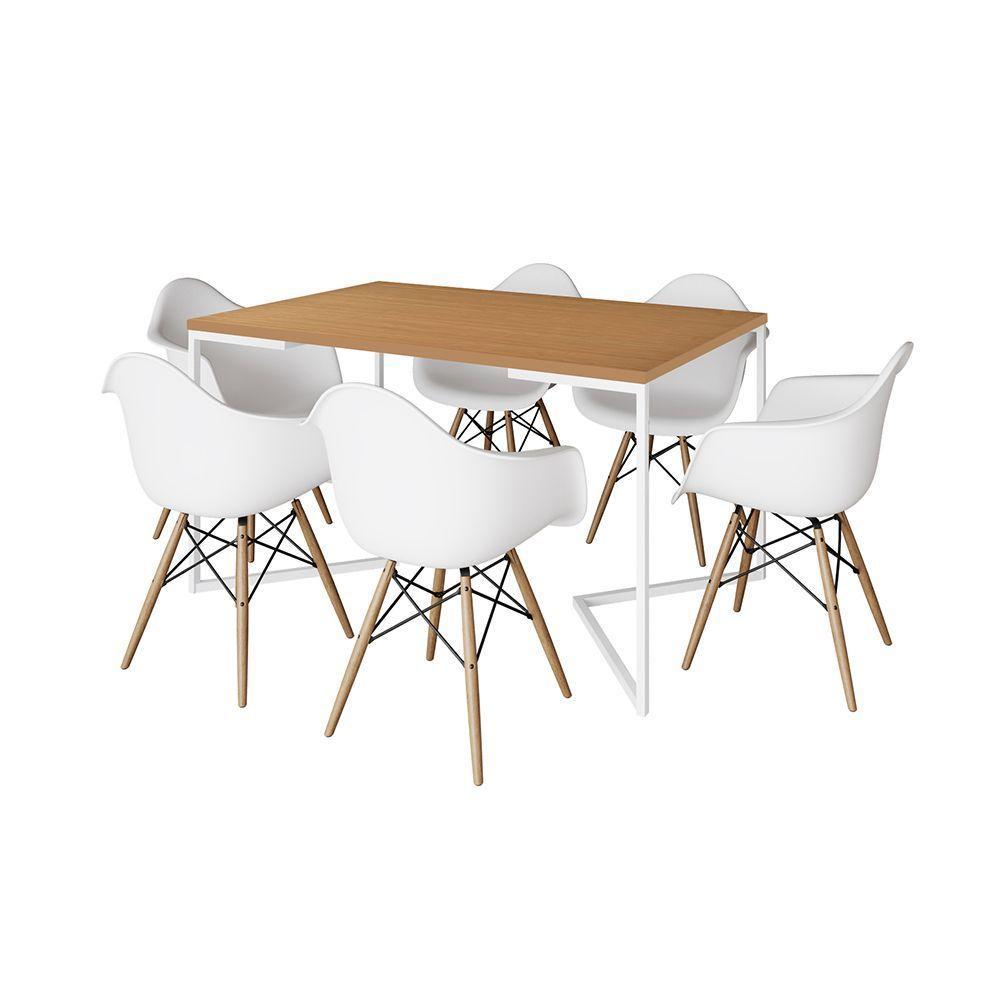 Mesa Jantar Industrial Retangular Canela 137X90Cm Base V Ferro Branco C/6 Poltronas Branca Canela - 6