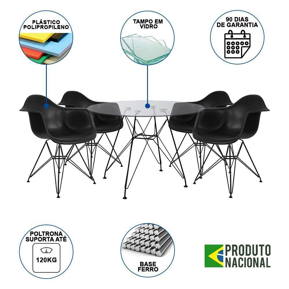 Mesa De Vidro Redonda 90Cm Com 4 Poltronas Pretas Ferro Preto Cor: Preto - 8