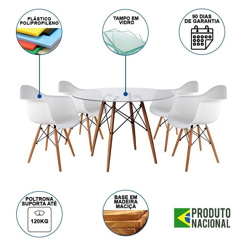 Mesa Sala De Jantarel Redonda Vidro 90Cm Com 4 Poltronas Brancas Base Madeira Maciça - 6