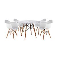 Mesa Sala De Jantarel Redonda Vidro 90Cm Com 4 Poltronas Brancas Base Madeira Maciça - 1