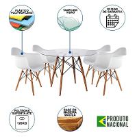 Mesa Sala De Jantarel Redonda Vidro 90Cm Com 4 Poltronas Brancas Base Madeira Maciça - 6