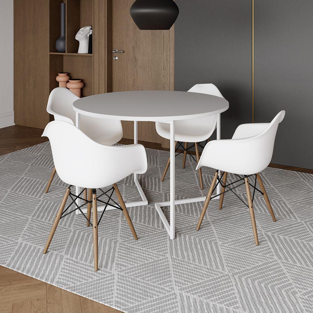 Mesa Jantar Industrial Branca 110Cm Redonda Base V Ferro Branco C/4 Poltronas Brancas Madei Branco - 1
