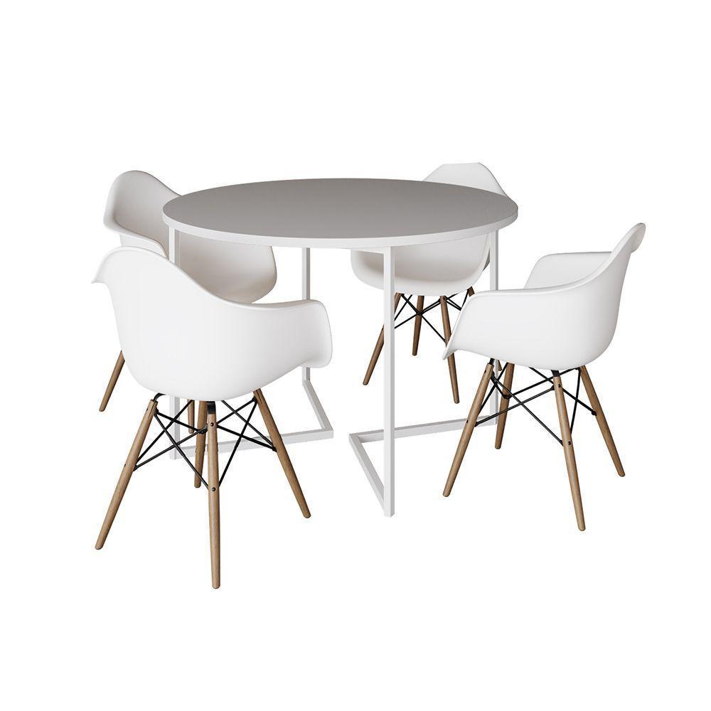 Mesa Jantar Industrial Branca 110Cm Redonda Base V Ferro Branco C/4 Poltronas Brancas Madei Branco - 6