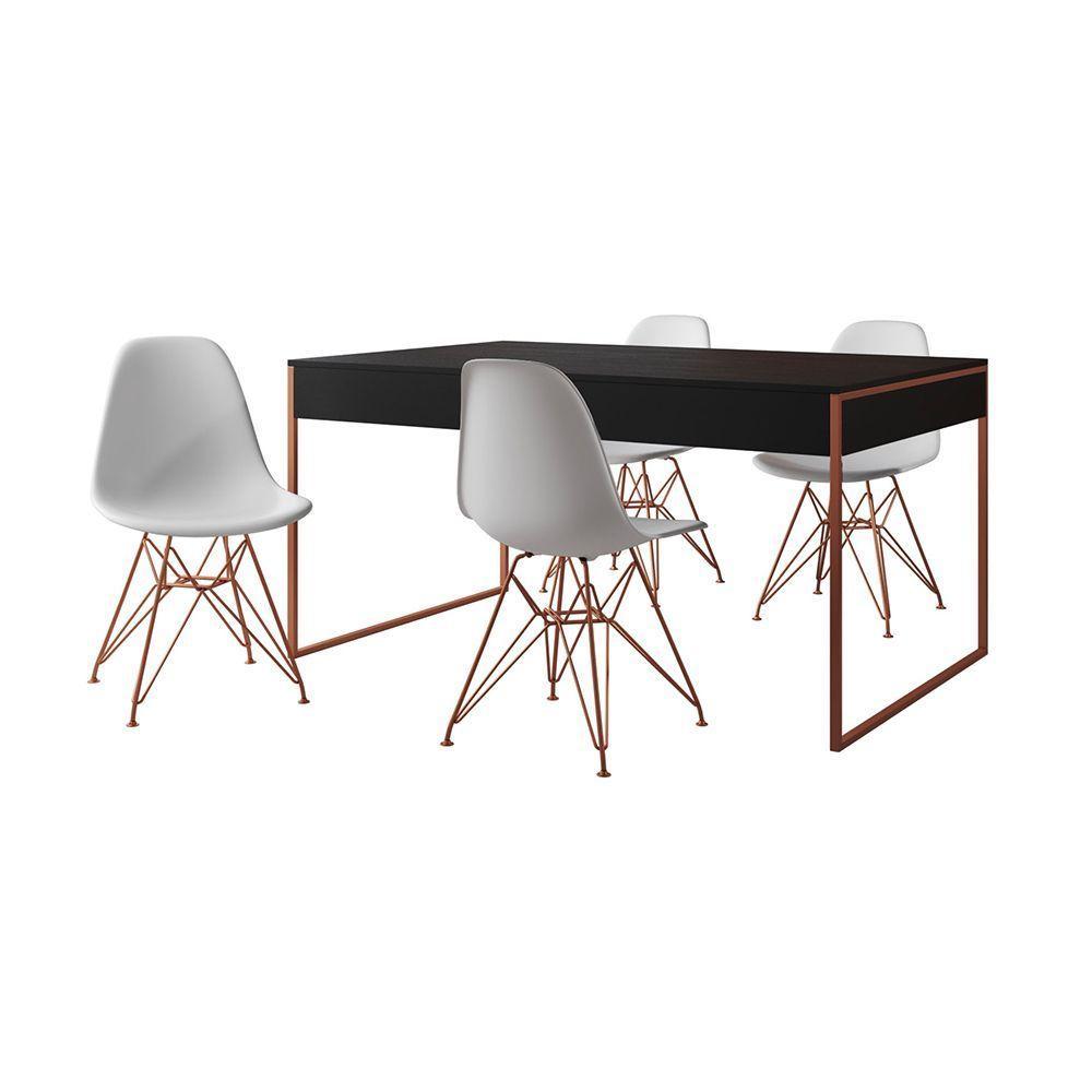 Mesa Jantar Industrial Retangular Preta 137X90Cm Com 4 Cadeiras Brancas Base Cobre Cor: Preto - 5