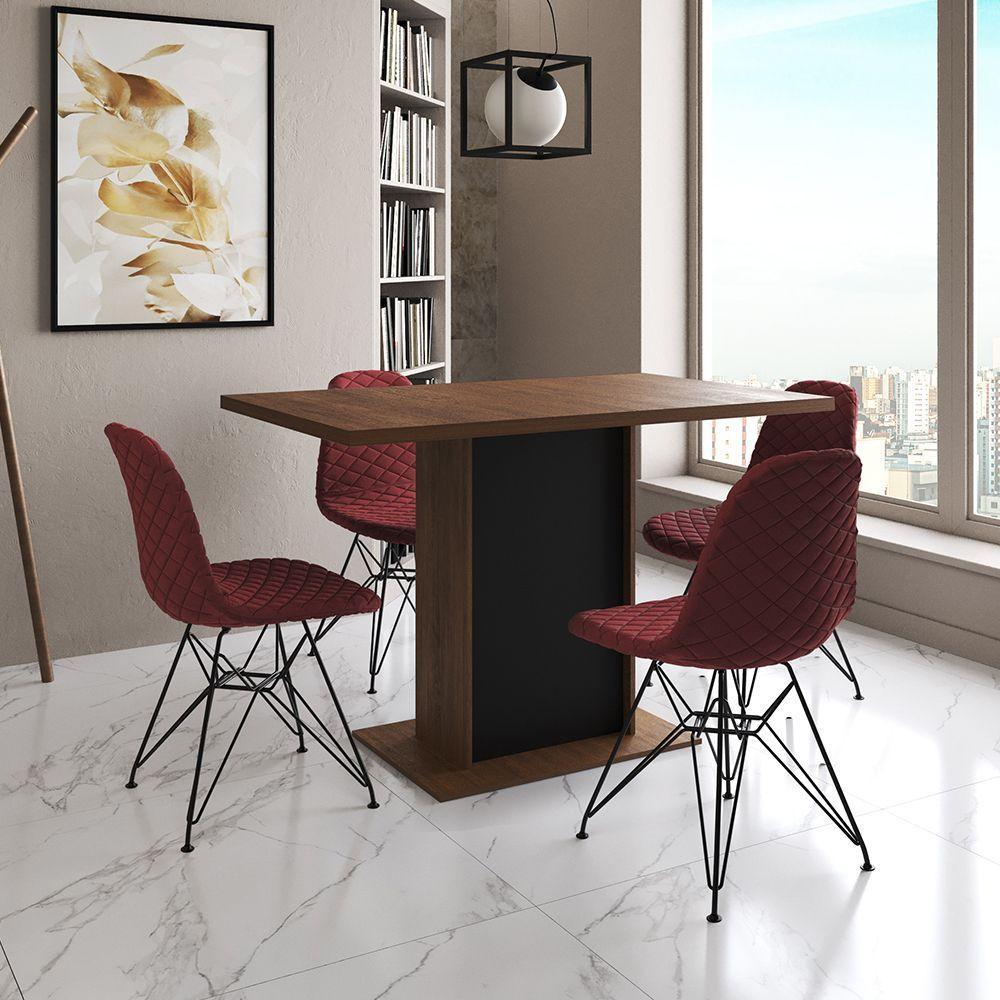 Mesa Jantar Londres Tampo Amêndoa 120Cm Base Preta 4 Cadeiras Ferro Preto Estofado Vermelho - 1