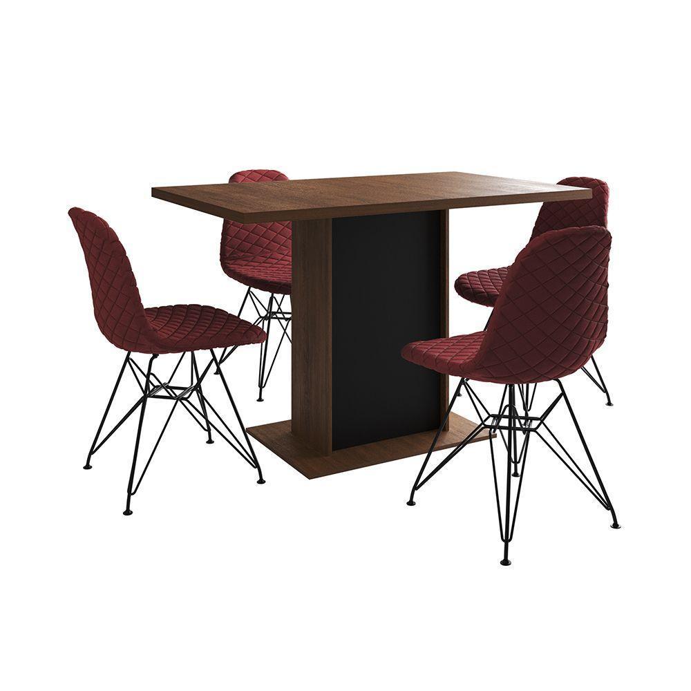 Mesa Jantar Londres Tampo Amêndoa 120Cm Base Preta 4 Cadeiras Ferro Preto Estofado Vermelho - 6