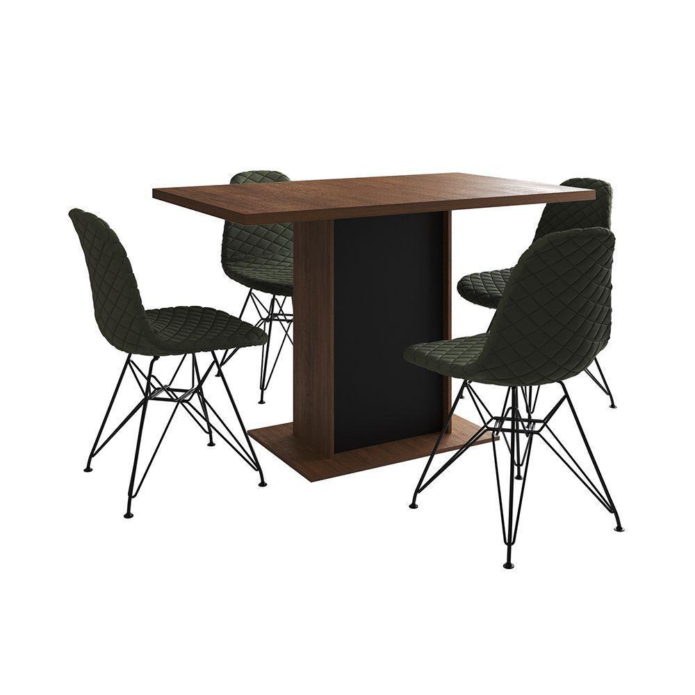 Mesa Jantar Londres Tampo Amêndoa 120Cm Base Preta 4 Cadeiras Ferro Preto Estofado Verde - 7