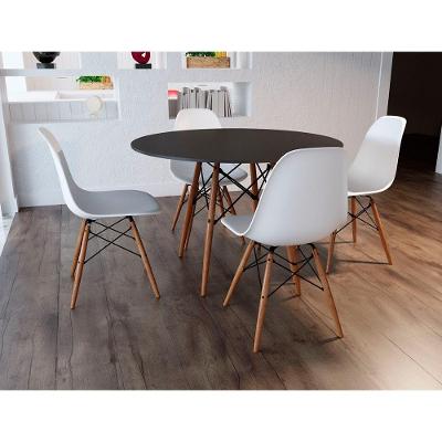 Sala de Jantar Eames Eiffel 4 Lugares Mesa Redonda em Plástico Preto 110cm com Cadeiras Brancas