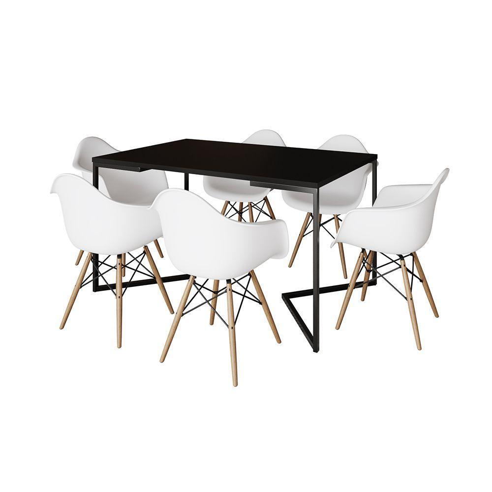Mesa Jantar Industrial Preta Retangular 137X90Cm Base V Ferro Preto Com 6 Poltronas Bra Cor: Preto - 6