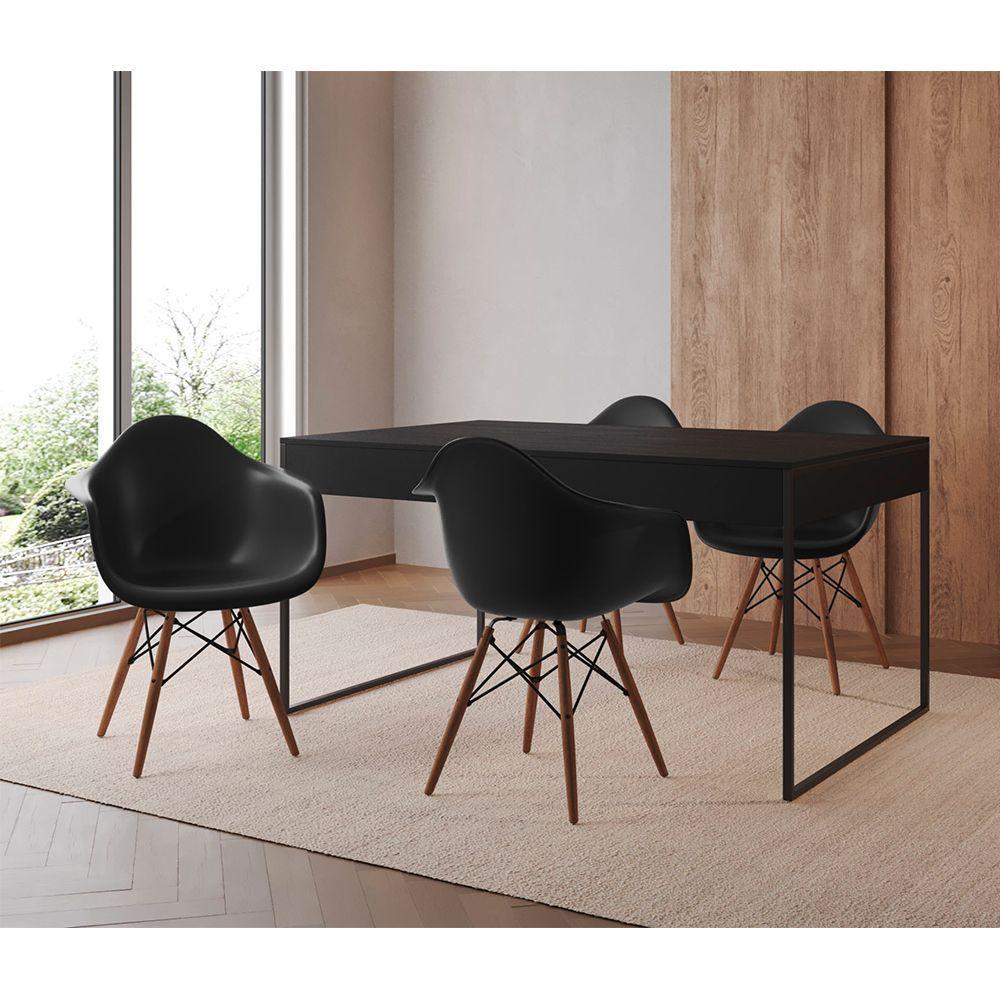 Mesa Jantar Industrial Preta 137X90Cm Base Ferro Preto Com 4 Poltronas Pretas Cor: Preto - 1