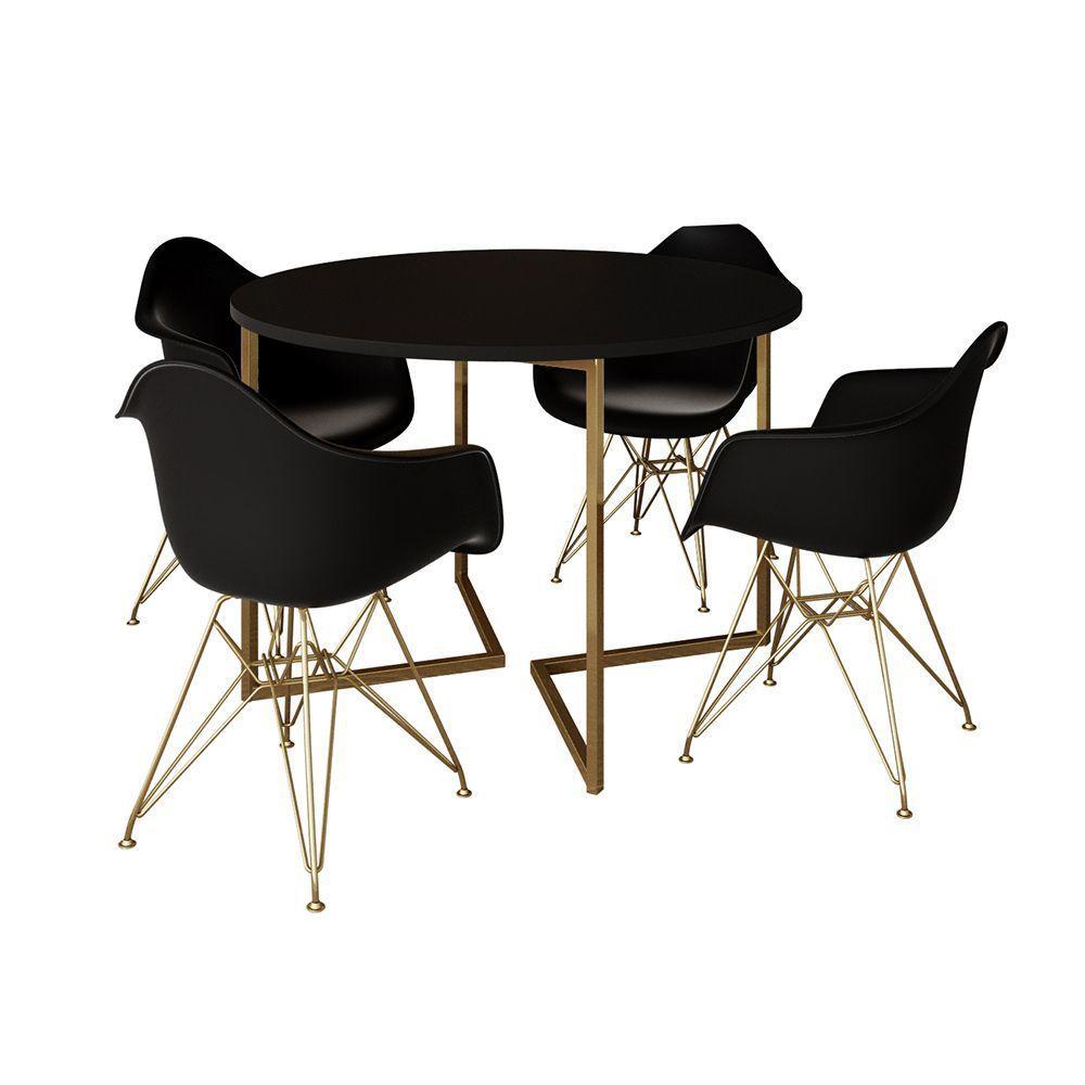 Mesa Jantar Industrial Preta 110Cm Redonda Base V Com 4 Poltronas Daw Pretas Base Doura Cor: Preto - 6