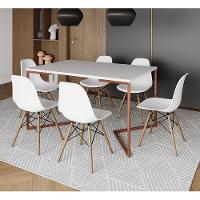 Mesa Jantar Industrial Retangular Branca 137X90Cm Base V Cobre Com 6 Cadeiras Brancas M Cor: Branco - 1