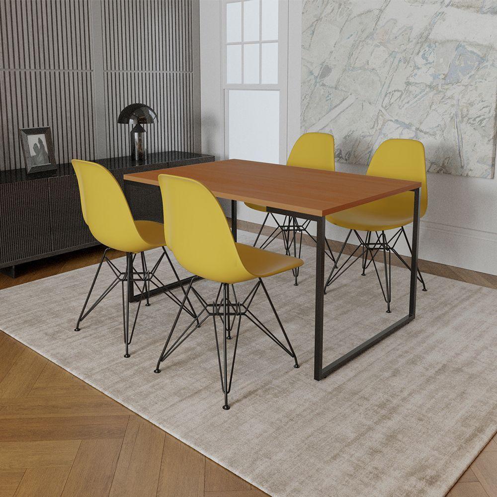 Mesa Industrial Base Ferro Preto Tampo 137X90 Canela 4 Cadeiras Ferro Preto Assento Amarelo - 1