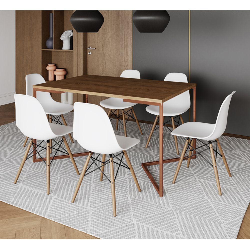 Mesa Jantar Industrial Retangular Amêndoa 137X90Cm Base V Cobre C/6 Cadeiras Brancas Cor: Amendoa - 1