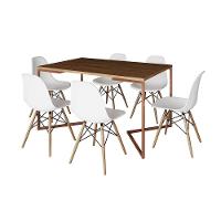 Mesa Jantar Industrial Retangular Amêndoa 137X90Cm Base V Cobre C/6 Cadeiras Brancas Cor: Amendoa - 6