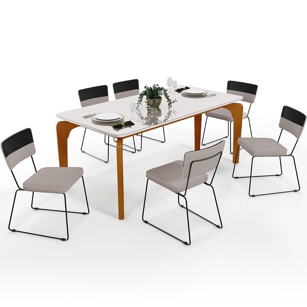 Mesa Capri 160 Off White Nature Com 6 Cadeiras Preto Bege - 1