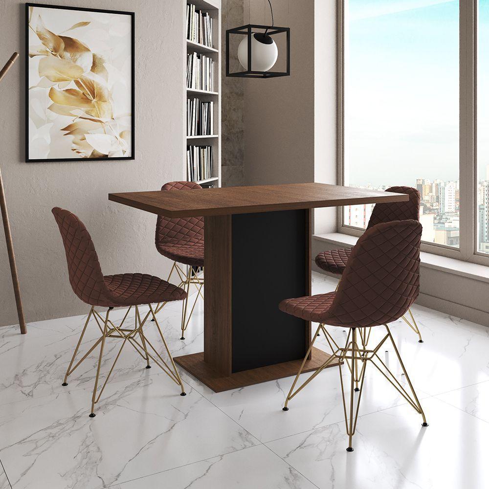 Mesa Jantar Londres Tampo Amêndoa 120Cm Base Preta 4 Cadeiras Base Dourado Estofado Caramelo - 1