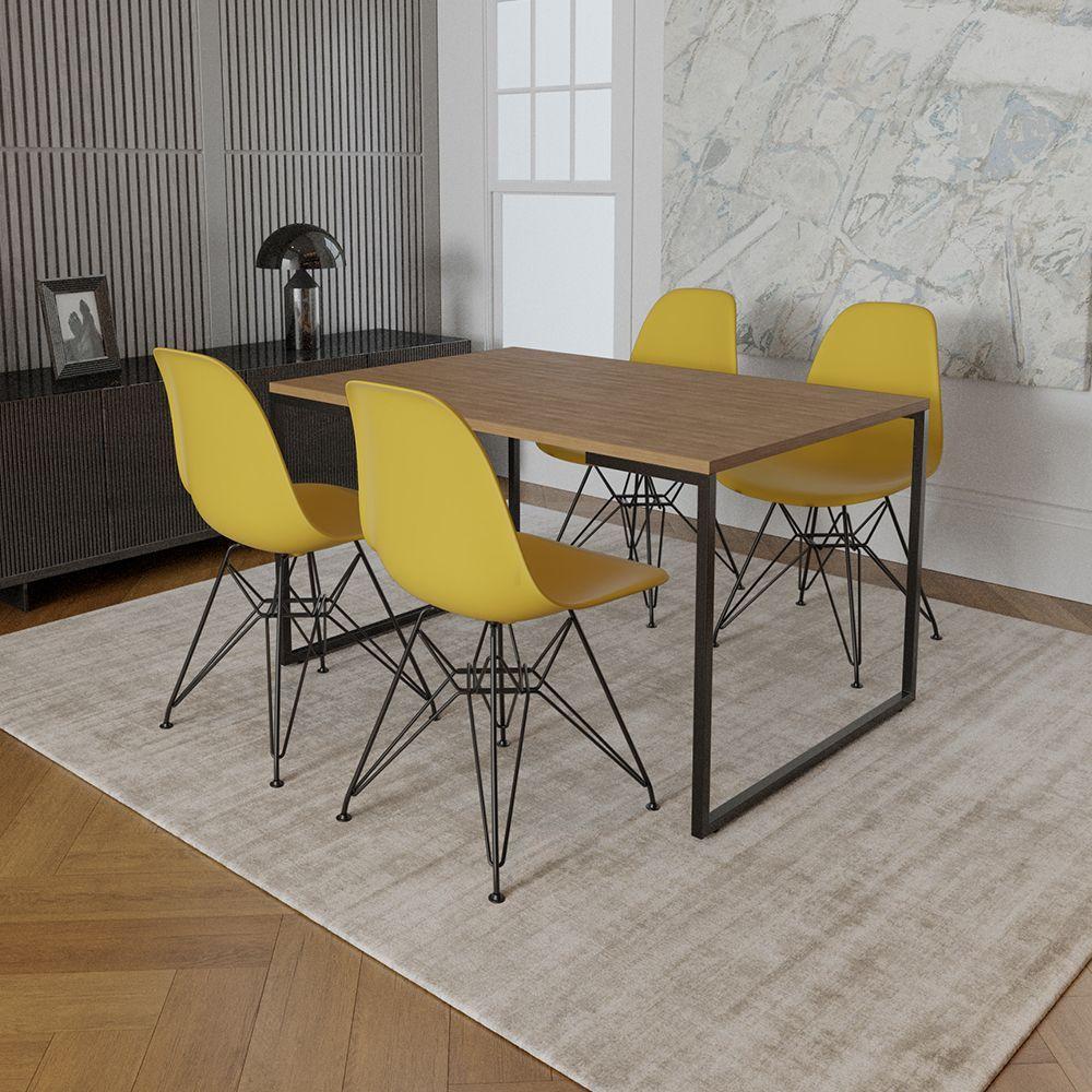 Mesa Industrial Base Ferro Preto 137X90 Tampo Amêndoa 4 Cadeiras Eiffel Ferro Preto Assento Amarelo - 1