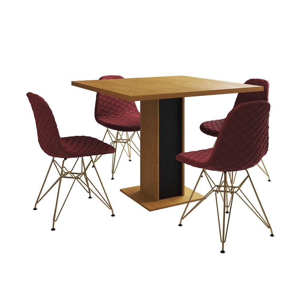 Mesa Jantar Londres Quadrada Canela 90Cm Base Preta 4 Cadeiras Eames Estofadas Vermelho Base Dourado - 9